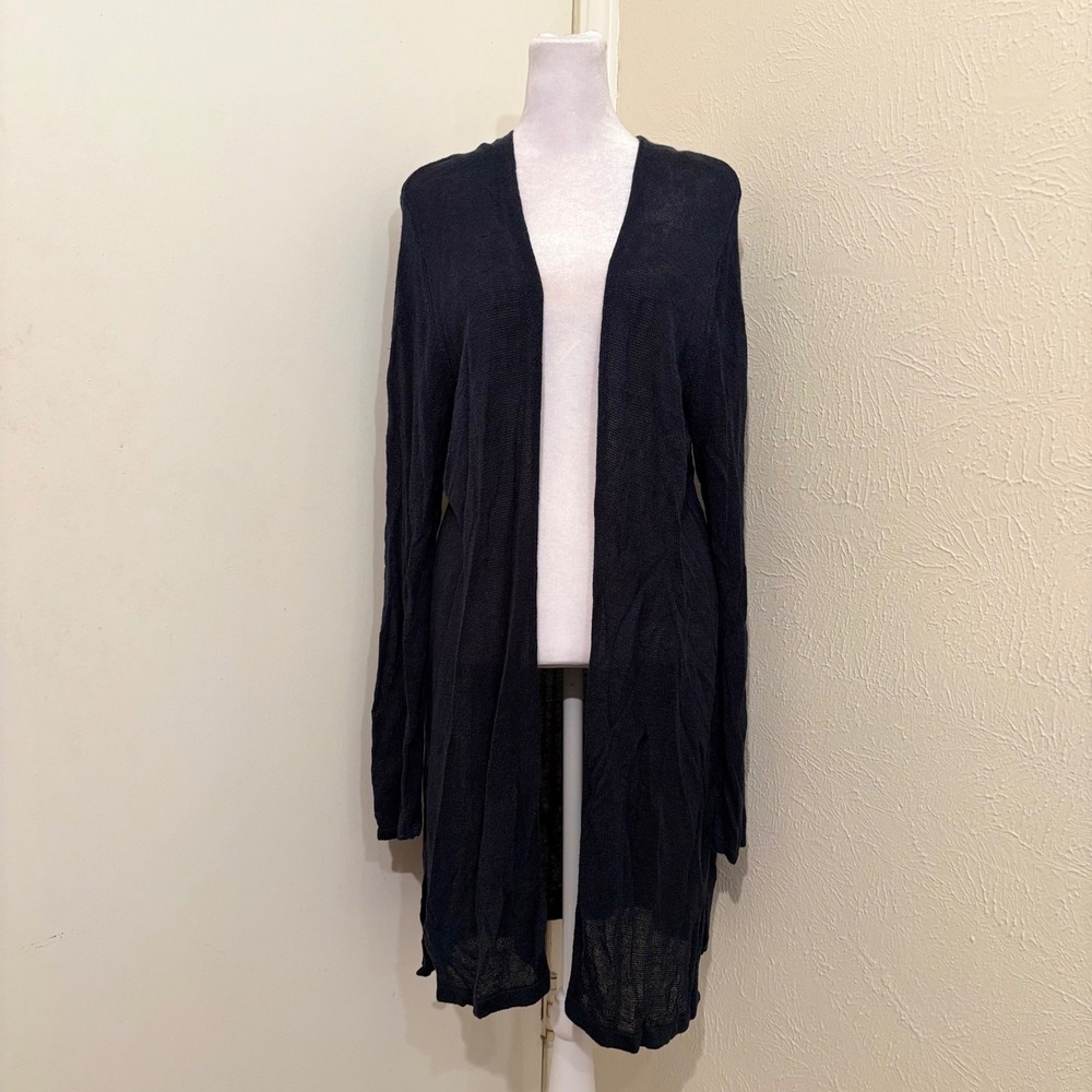 J. Jill Navy Blue Linen Blend Open Front Duster Cardigan Sweater Large Tall